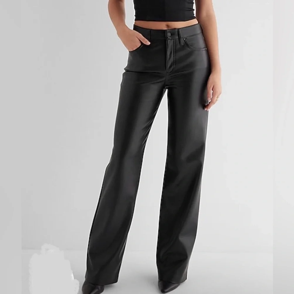 EXPRESS Black Faux Leather Wide Leg Pants - Picture 3 of 9